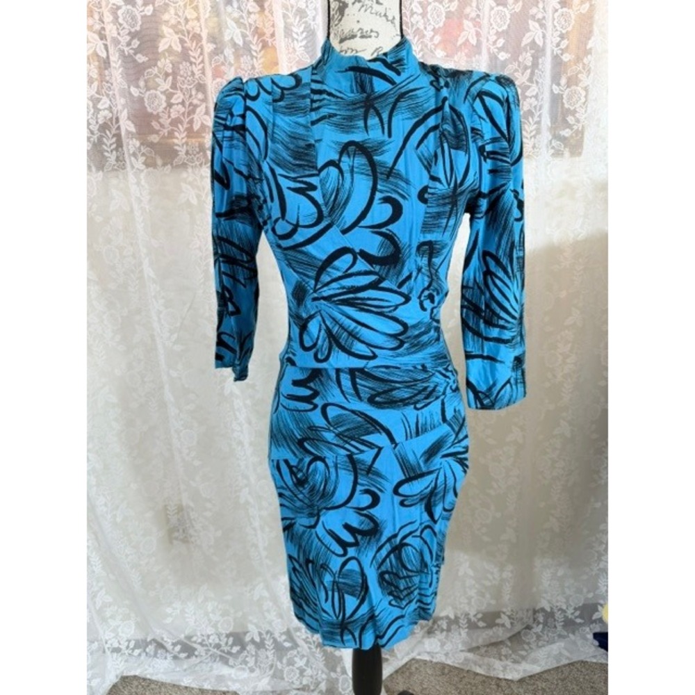Vintage 80's Joni Blair California Blue Black Floral Mock Neck Draped Mid Dress